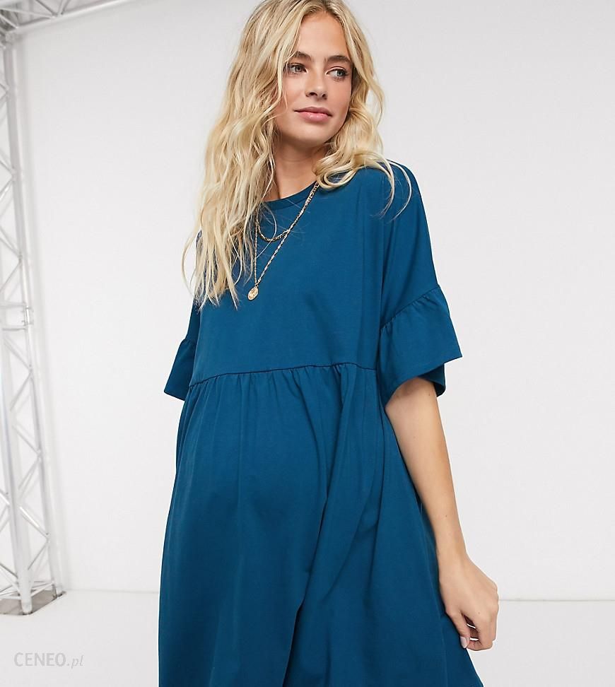 ASOS DESIGN Maternity – Granatowa luźna sukienka oversize z falbanami na  rękawach-Niebieski - Ceny i opinie 