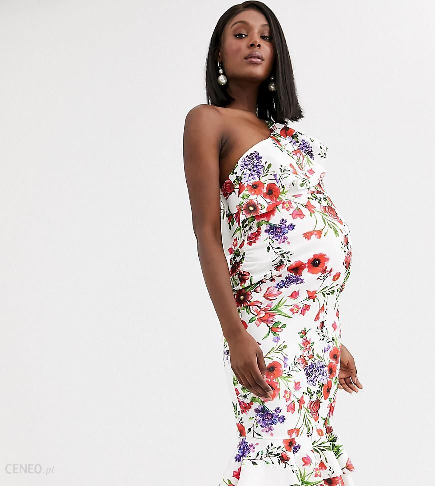 ASOS DESIGN Maternity – Sukienka midi z falbanką, na jedno ramię, z  ramiączkami z rypsu i z kwiatowym nadrukiem, dla kobiet w ciąży-Wielokolorowy  - Ceny i opinie 