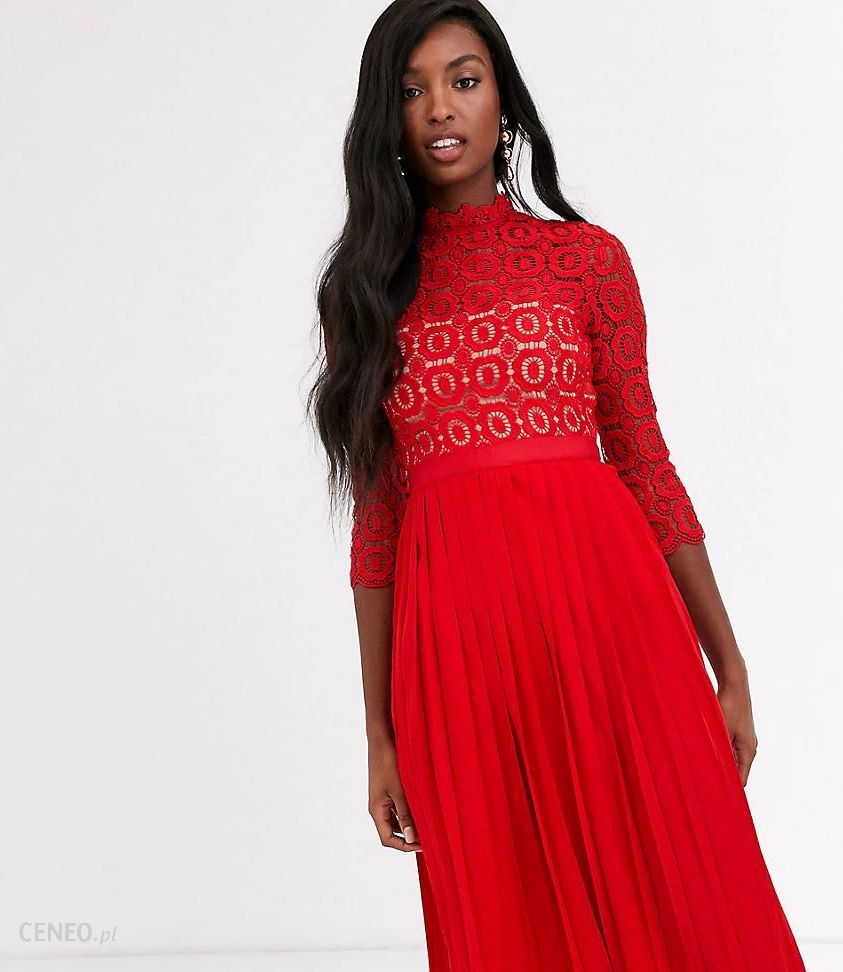 Little Mistress Tall – Czerwona koronkowa sukienka midi z rękawem  3/4-Czerwony - Ceny i opinie 