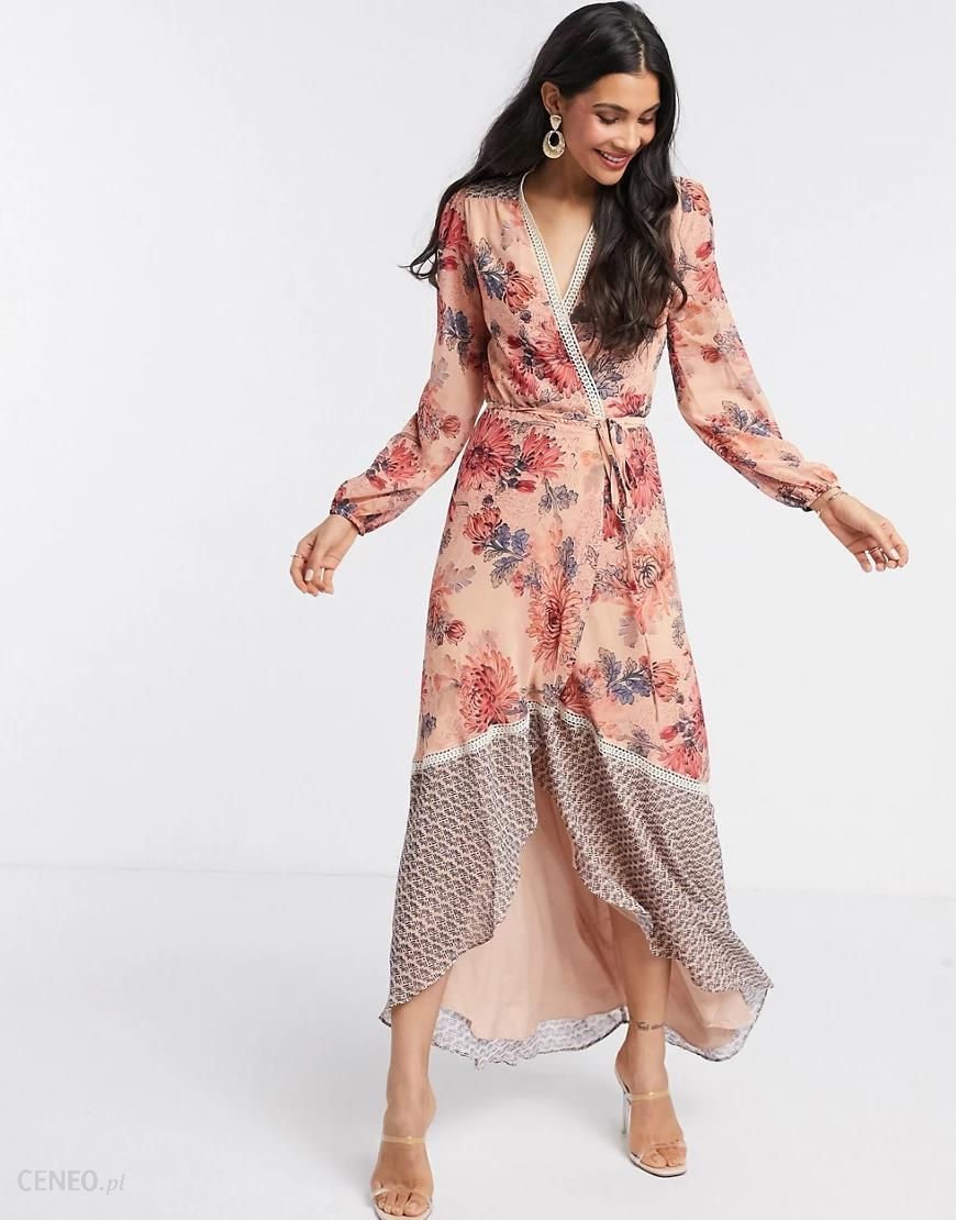 Hope & Ivy – Kopertowa sukienka z długim rękawem i kwiatowym  nadrukiem-Różowy - Ceny i opinie 