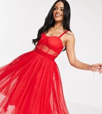 Lace & Beads Exclusive – Czerwona sukienka midi na bal maturalny z  siateczkowym gorsetem i ozdobną talią-Czerwony - Ceny i opinie 