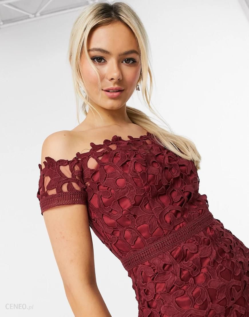 Chi Chi London Bordowa Koronkowa Sukienka Ołówkowa Z Dekoltem Bardot Czerwony Ceny I Opinie 