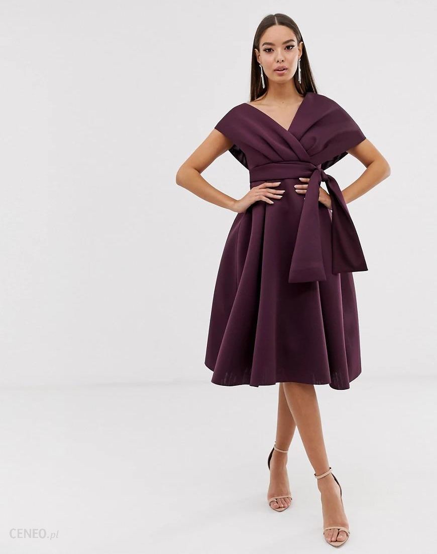 ASOS DESIGN – Fioletowa balowa sukienka midi z odsłoniętymi ramionami i  ozdobnym wiązaniem-Fioletowy - Ceny i opinie 