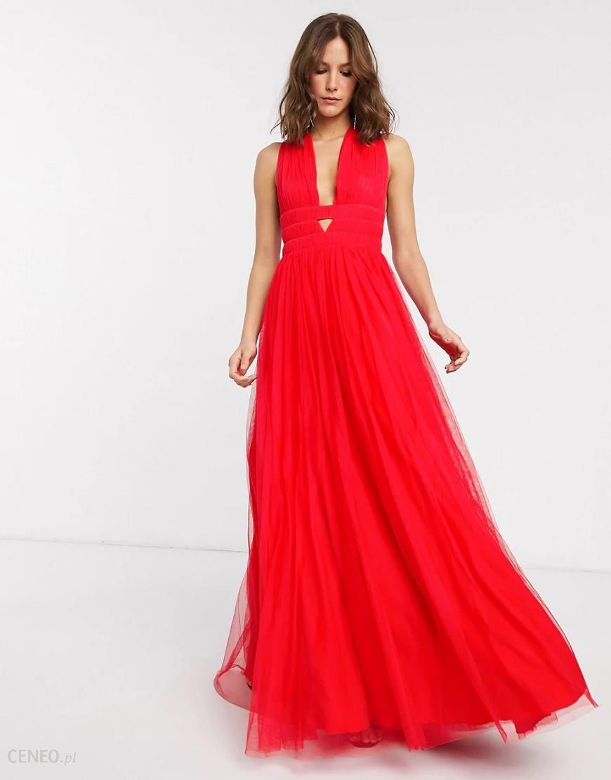 ASOS DESIGN – Czerwona tiulowa sukienka maxi w stylu greckim z głębokim  dekoltem-Czerwony - Ceny i opinie 