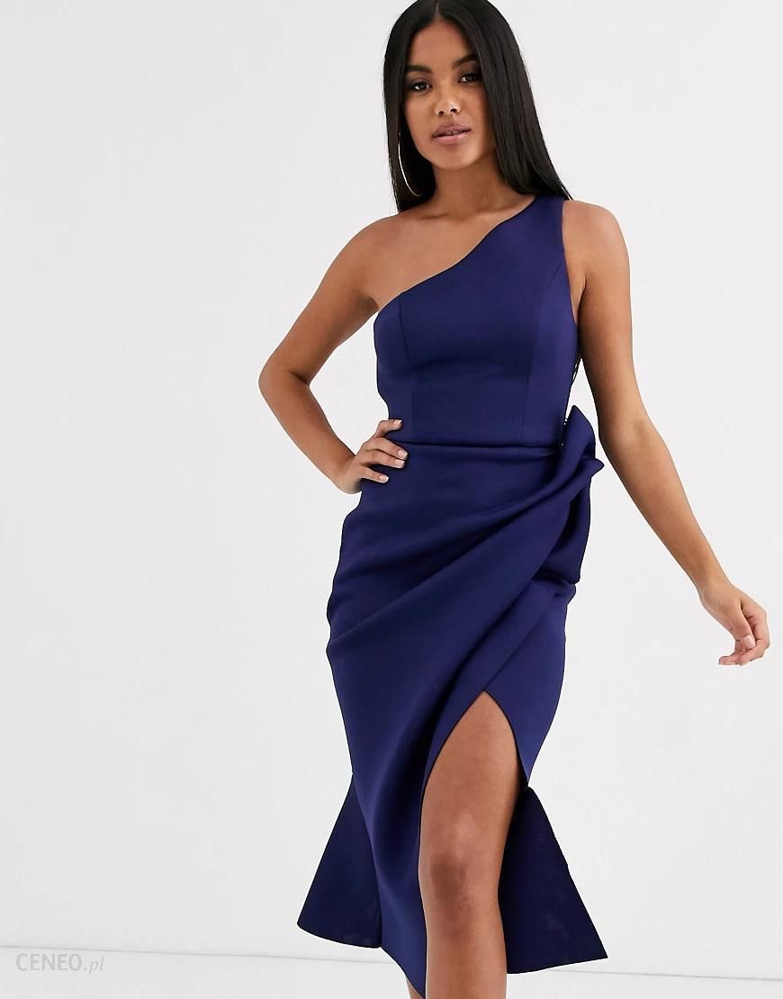 ASOS DESIGN – Granatowa sukienka midi z zakładkami na jedno ramię-Niebieski  - Ceny i opinie 