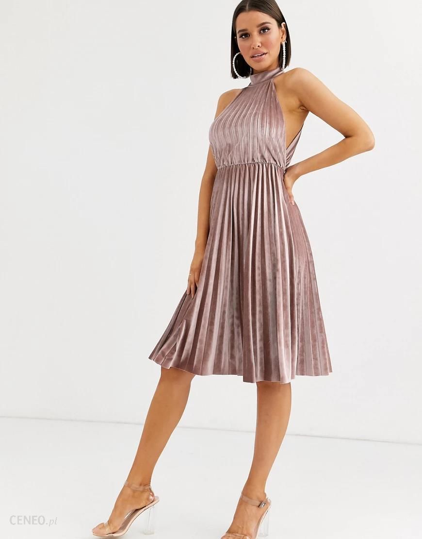 ASOS DESIGN – Aksamitna plisowana sukienka midi z dekoltem typu  halter-Beżowy - Ceny i opinie 