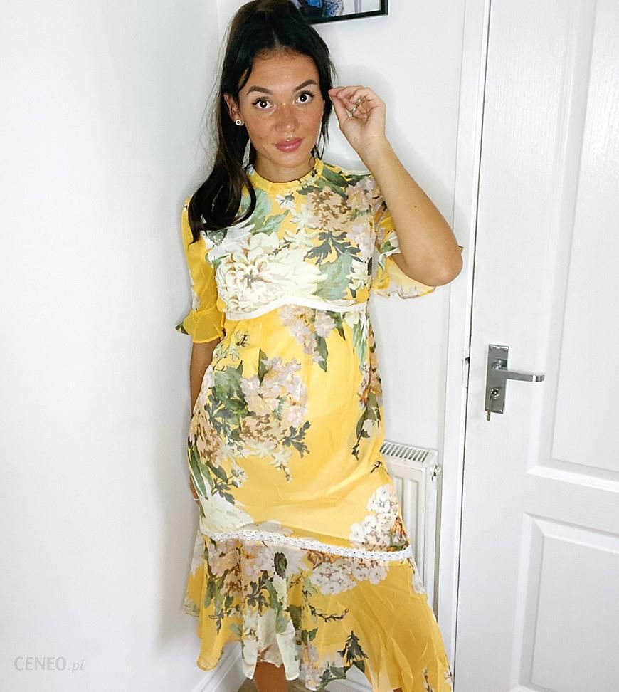 Hope & Ivy Maternity – Żółta sukienka midaxi w kwiaty z falbanką u  dołu-Żółty - Ceny i opinie 