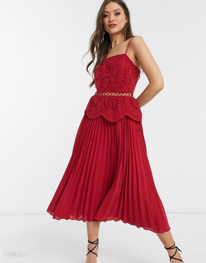 ASOS DESIGN – Bordowa sukienka midi na ramiączkach z haftowanym wzorem i  plisowanym dołem-Czerwony - Ceny i opinie 