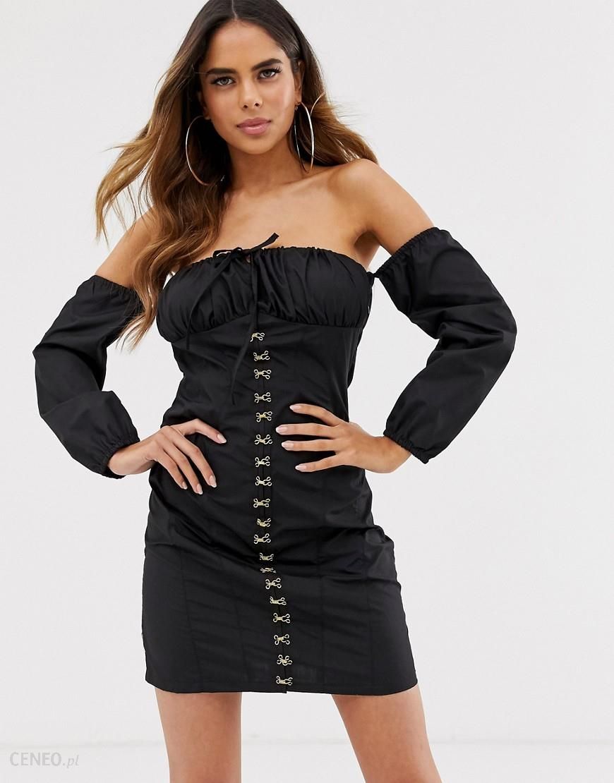 Club L London – Czarna sukienka mini z odkrytymi ramionami, metalowymi  haftkami i sznurowanym dekoltem-Czarny - Ceny i opinie 