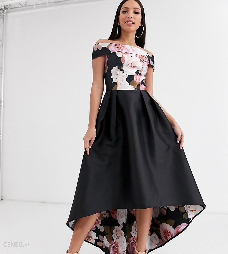 Chi Chi London Tall – Czarna sukienka z dekoltem bardot, dłuższym tyłem i  wzorem w kwiaty-Czarny - Ceny i opinie 