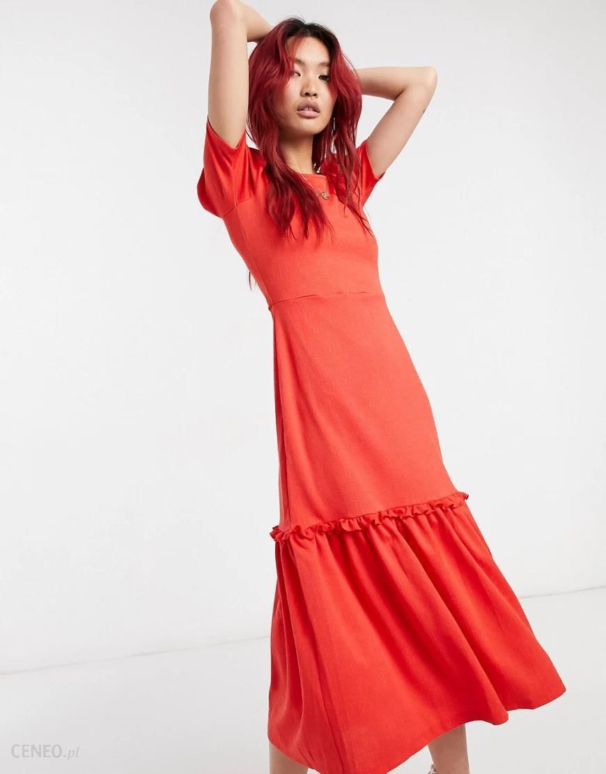 River Island – Czerwona warstwowa sukienka midi z bufiastymi  rękawami-Czerwony - Ceny i opinie 
