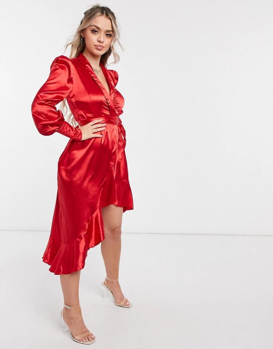 Club L London Satynowa kopertowa sukienka midiCzerwony Ceny i opinie Ceneo.pl