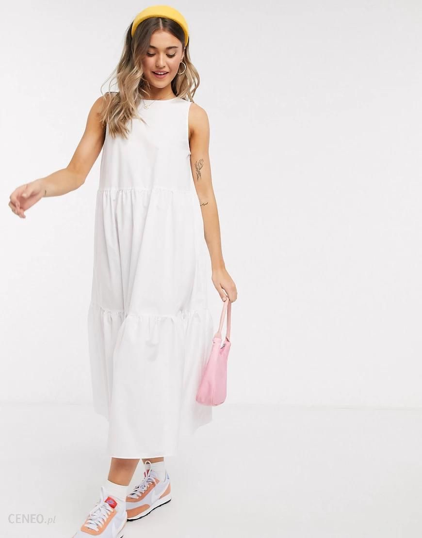 ASOS DESIGN – Biała warstwowa sukienka midi bez rękawów odsłaniająca plecy,  z bawełny-Biały - Ceny i opinie 