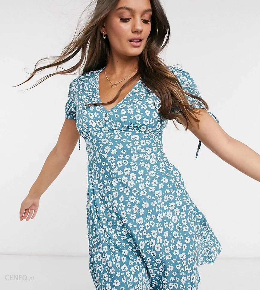 New Look Petite – Niebieska sukienka mini w kwiaty z wiązaniem na  rękawach-Biały - Ceny i opinie 