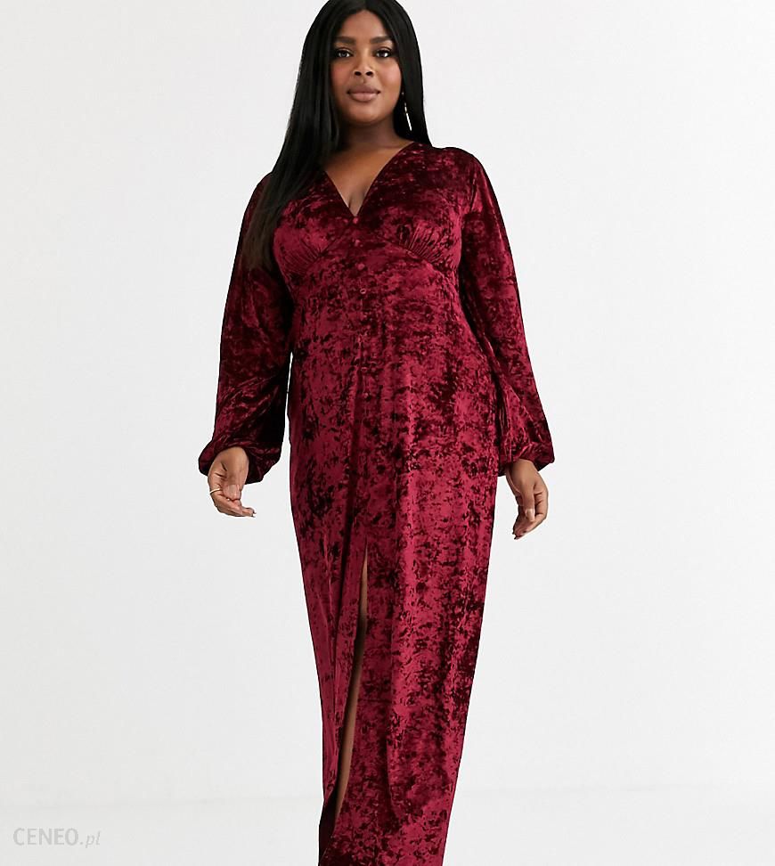 ASOS DESIGN Curve – Aksamitna sukienka maxi z długim rękawem zapinana na  guziki-Czerwony - Ceny i opinie 