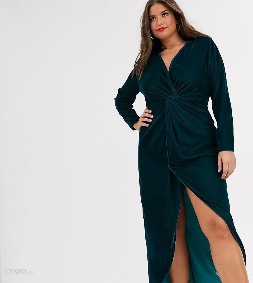 ASOS DESIGN Curve – Aksamitna sukienka maxi z długim rękawem i ozdobnym  węzłem z przodu-Zielony - Ceny i opinie 