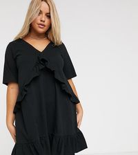 ASOS DESIGN Curve – Czarna luźna sukienka z dekoltem V z falbanką-Czarny -  Ceny i opinie 