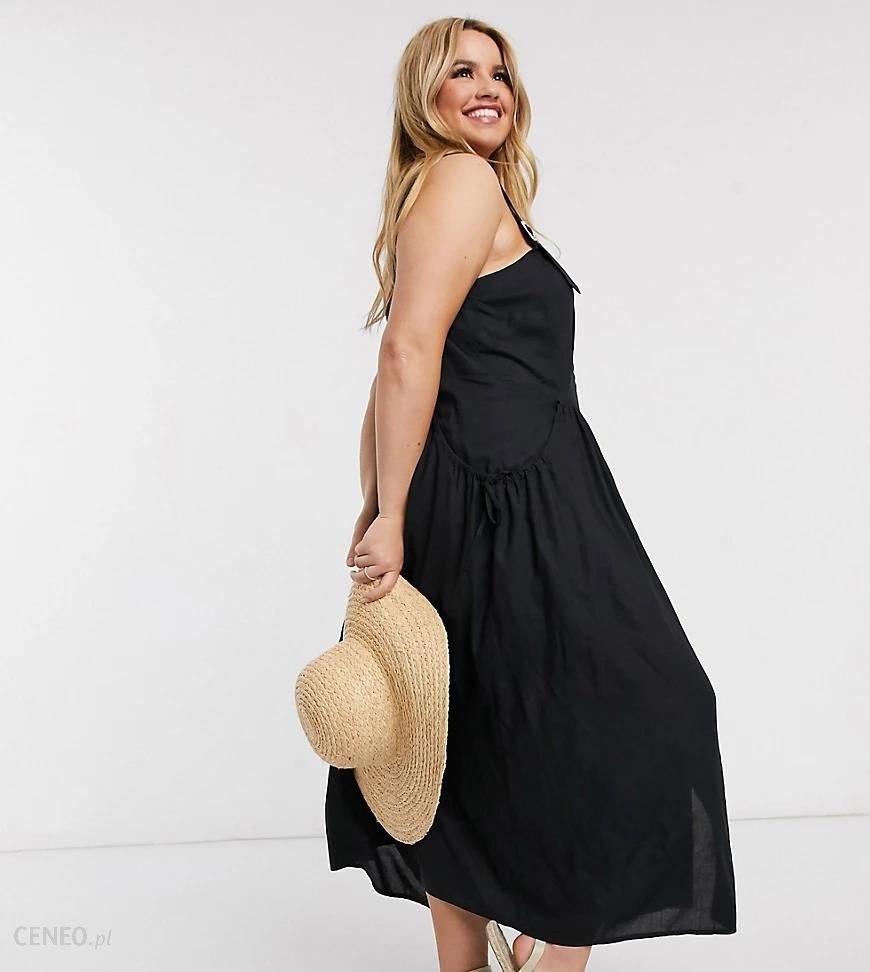ASOS DESIGN Curve – Czarna sukienka midi z guzikami i szelkami-Czarny -  Ceny i opinie 