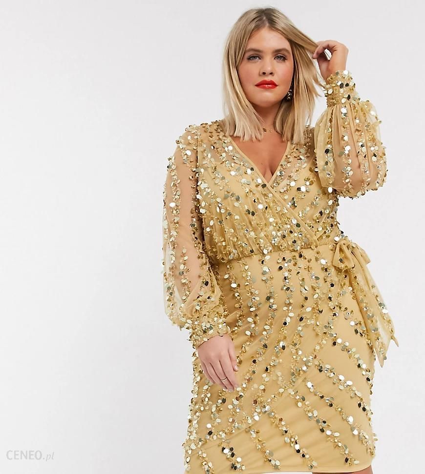 ASOS DESIGN Curve – Złota zdobiona sukienka mini z paskiem-Złoty - Ceny i  opinie 