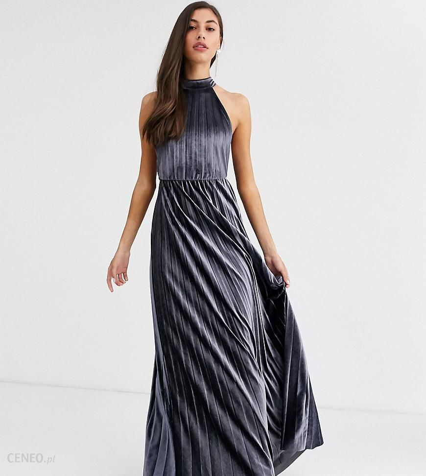 ASOS DESIGN Tall – Aksamitna plisowana sukienka maxi z dekoltem typu halter  i wysokim stanem-Srebrny - Ceny i opinie 