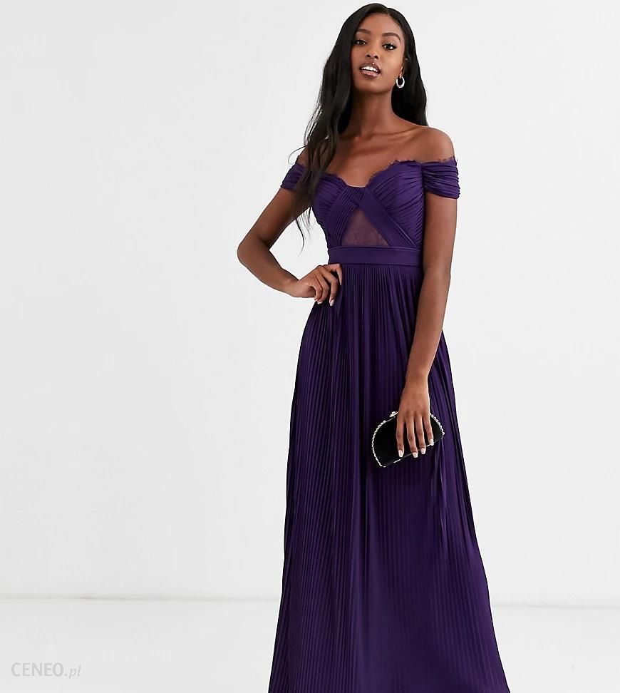 ASOS DESIGN Tall – Koronkowa plisowana sukienka maxi z dekoltem bardot-Fioletowy  - Ceny i opinie 