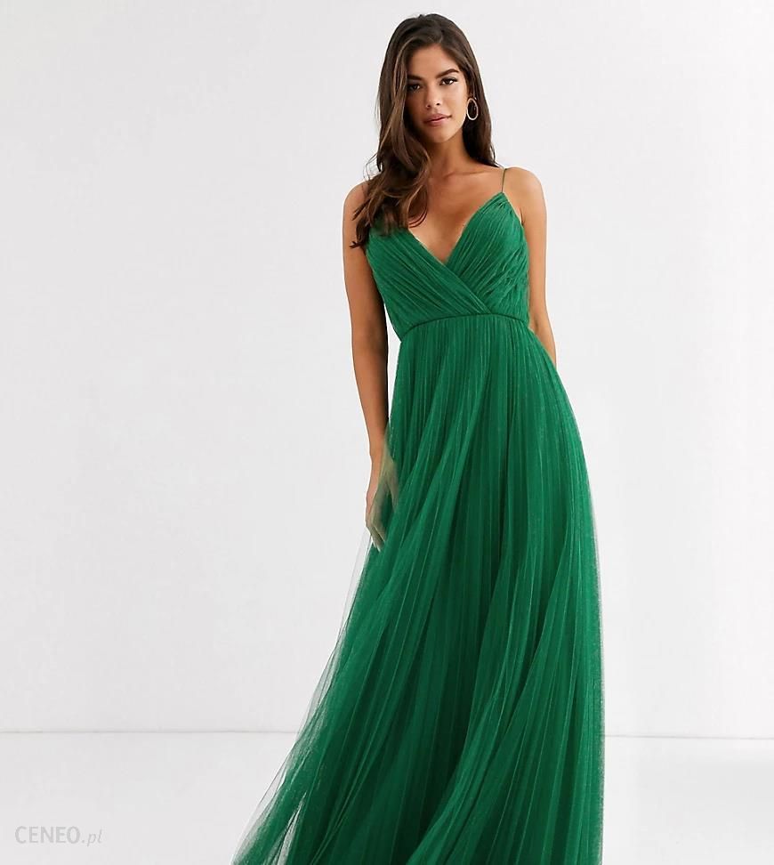 ASOS DESIGN – Tall – Plisowana sukienka maxi na ramiączkach z tiulu-Zielony  - Ceny i opinie 