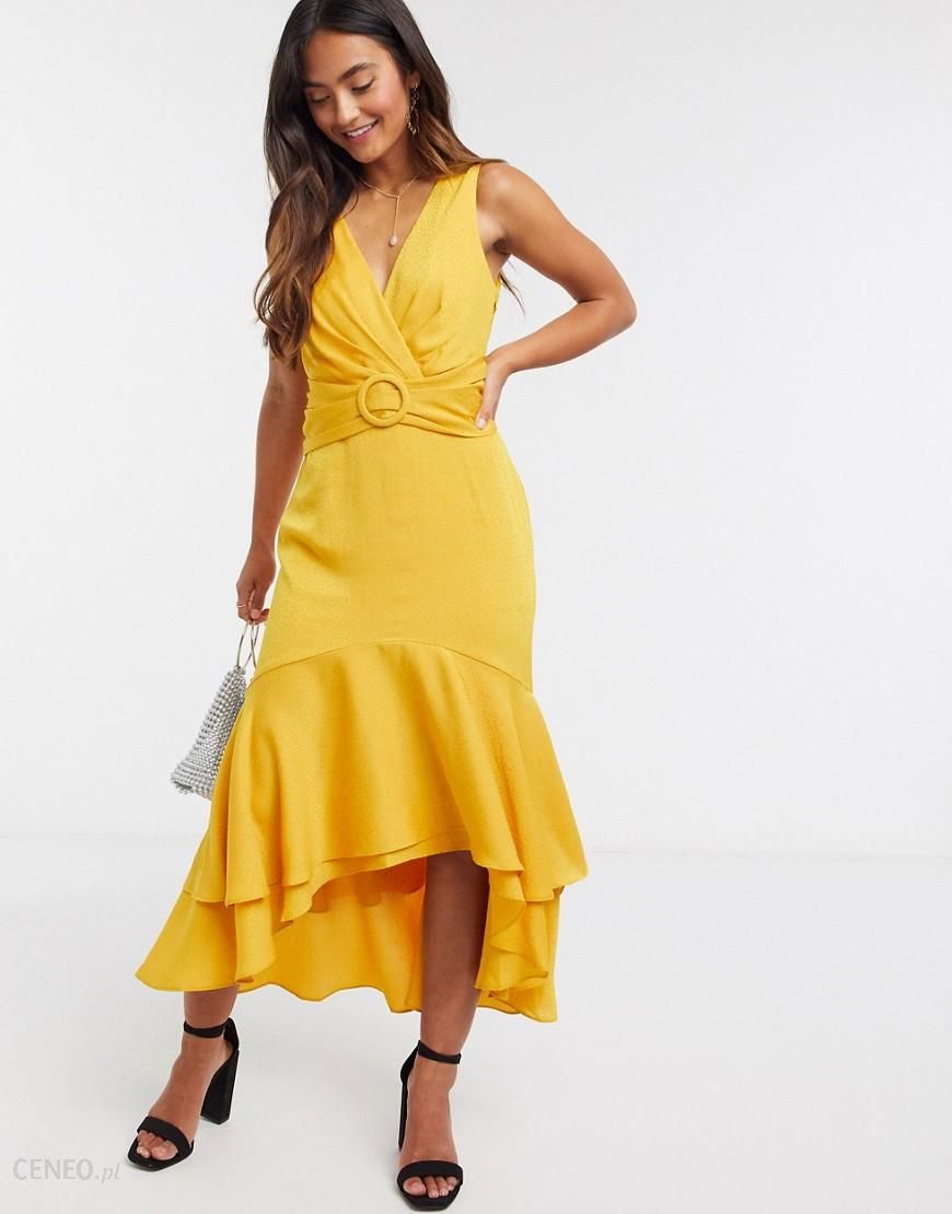 Forever New – Musztardowa sukienka midi z paskiem, wiązaniem z tyłu i  asymetrycznym dołem-Żółty - Ceny i opinie 
