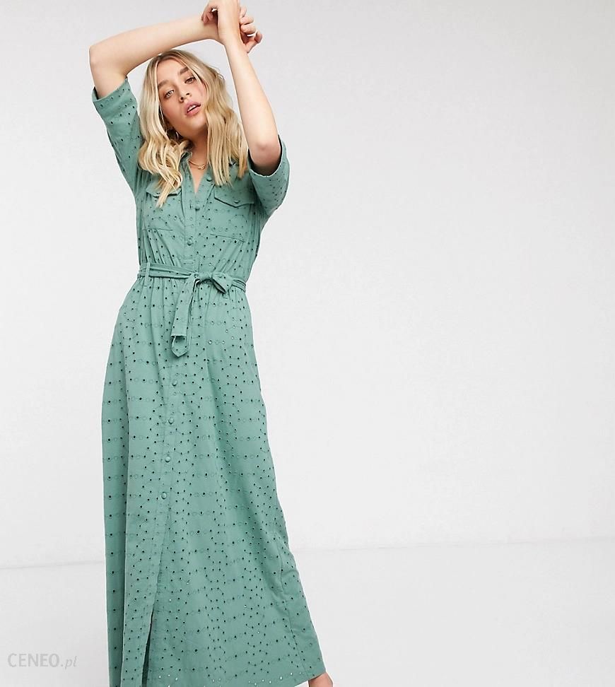 ASOS DESIGN Tall – Sukienka maxi w kolorze khaki z haftem angielskim-Zielony  - Ceny i opinie 