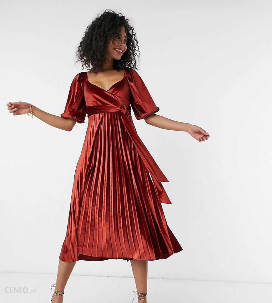ASOS DESIGN Tall – Aksamitna sukienka midi w rdzawym kolorze z kopertowym  przodem, plisami i bufkami-Brązowy - Ceny i opinie 