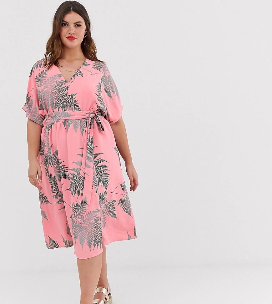 Glamorous – Curve – Sukienka midi typu tea dress z wiązaniem w talii i  nadrukiem w palmy-Różowy - Ceny i opinie 