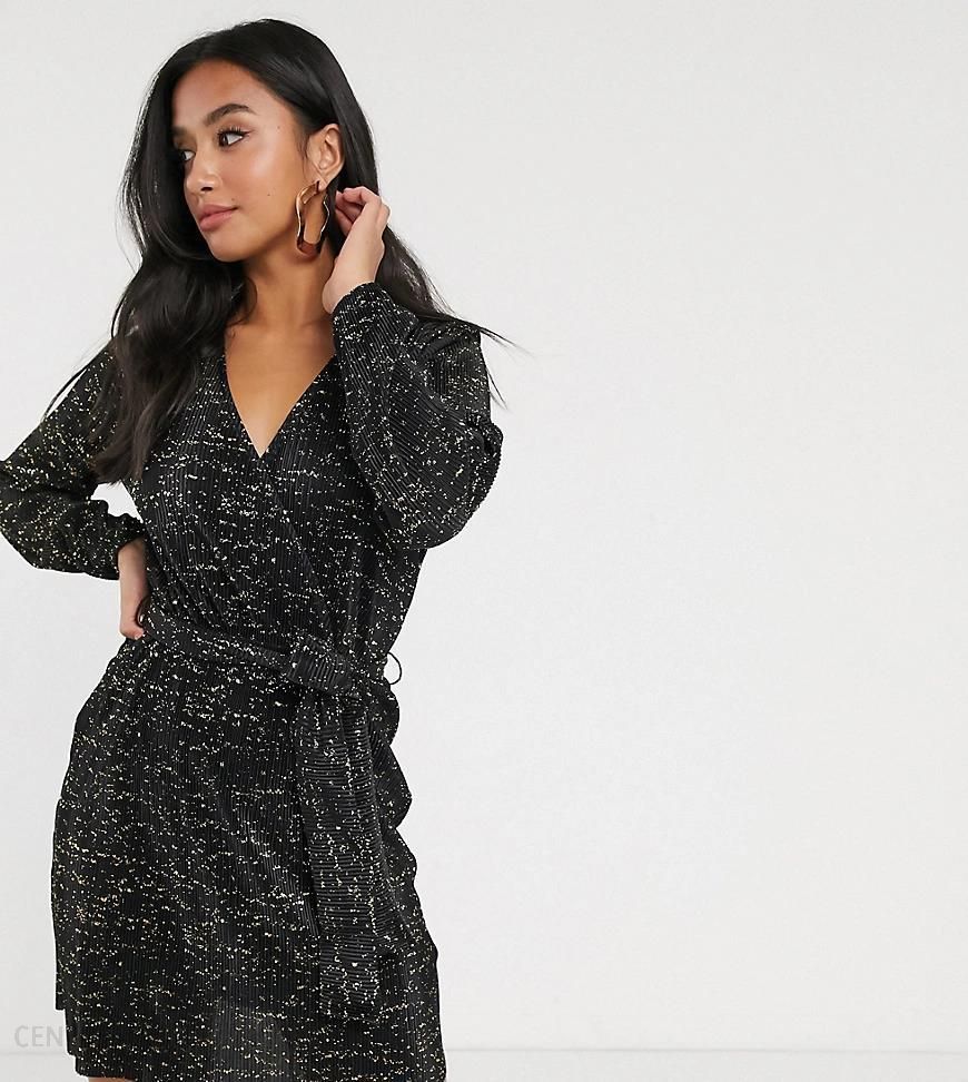 ASOS DESIGN Petite – Brokatowa sukienka mini z długim rękawem z plisowanego  materiału-Czarny - Ceny i opinie 