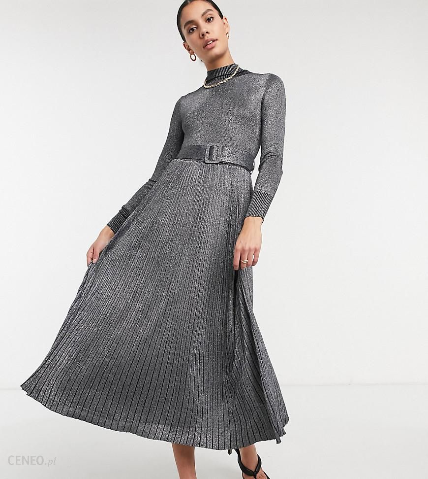 Fashion Union Tall – Dzianinowa sukienka maxi z paskiem i plisowaną  spódnicą-Czarny - Ceny i opinie 