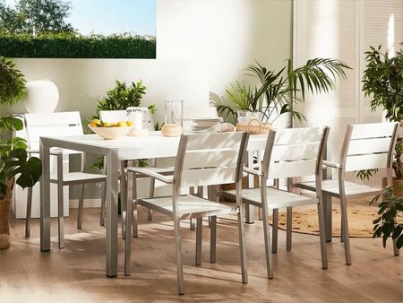 Beliani Zestaw 6 krzeseł ogrodowych aluminium sztuczne drewno sztaplowane białe Vernio