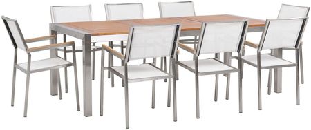 Beliani Zestaw ogrodowy stół drewniany eukaliptus i 8 krzeseł białych GROSSETO 4251682238151