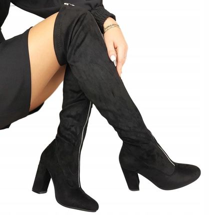 Czarne kozaki zamszowe za kolano na słupku 41 - Ceny i