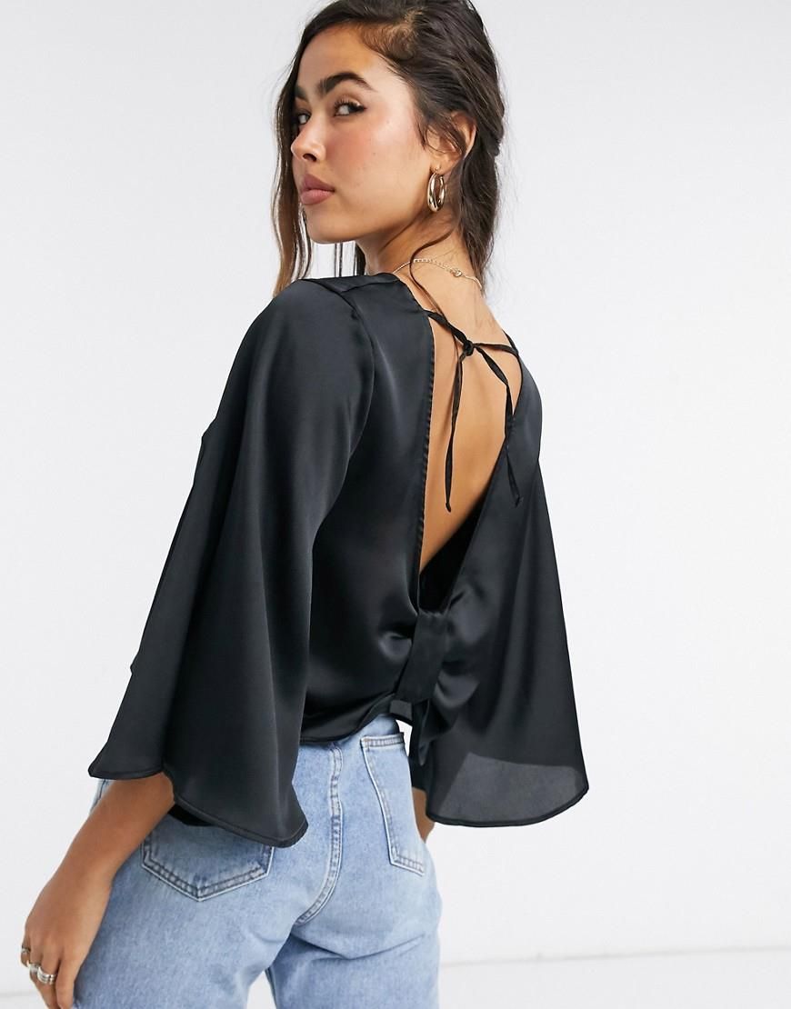 Asos Design Czarny Satynowy Top Z Kimonowym Rękawem I Wiązaniem Z