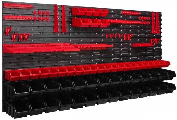 PAFEN Gereedschapswand, stapelboxen, 1728 x 780 mm, opbergsysteem, set gereedschapshouders en 36 stuks box, wandrek, werkplaatsrek, gatenwand, opbergkast, rood
