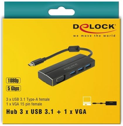 DELOCK  USB C 3.1> 3X USB 3.0 A HUB + VGA 4K (63932)
