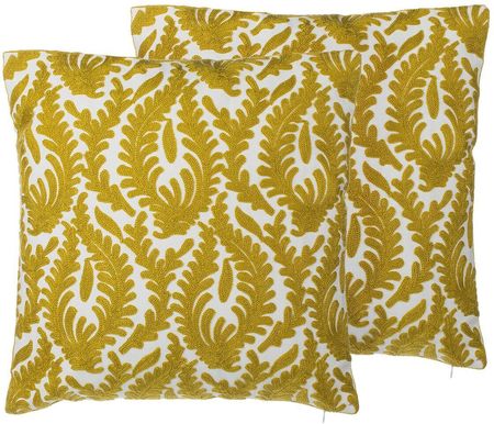 Beliani Zestaw 2 poduszek dekoracyjnych khaki bawełna haftowane liście 45 x 45 cm z wypełnieniem Primula