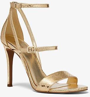 MK Cardi Metallic Snake Embossed Leather Sandal Pale Gold